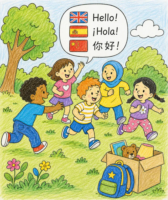 Kinder verschiedener Kulturen spielen lachend Fangen im Park und sagen Hallo in verschiedenen Sprachen