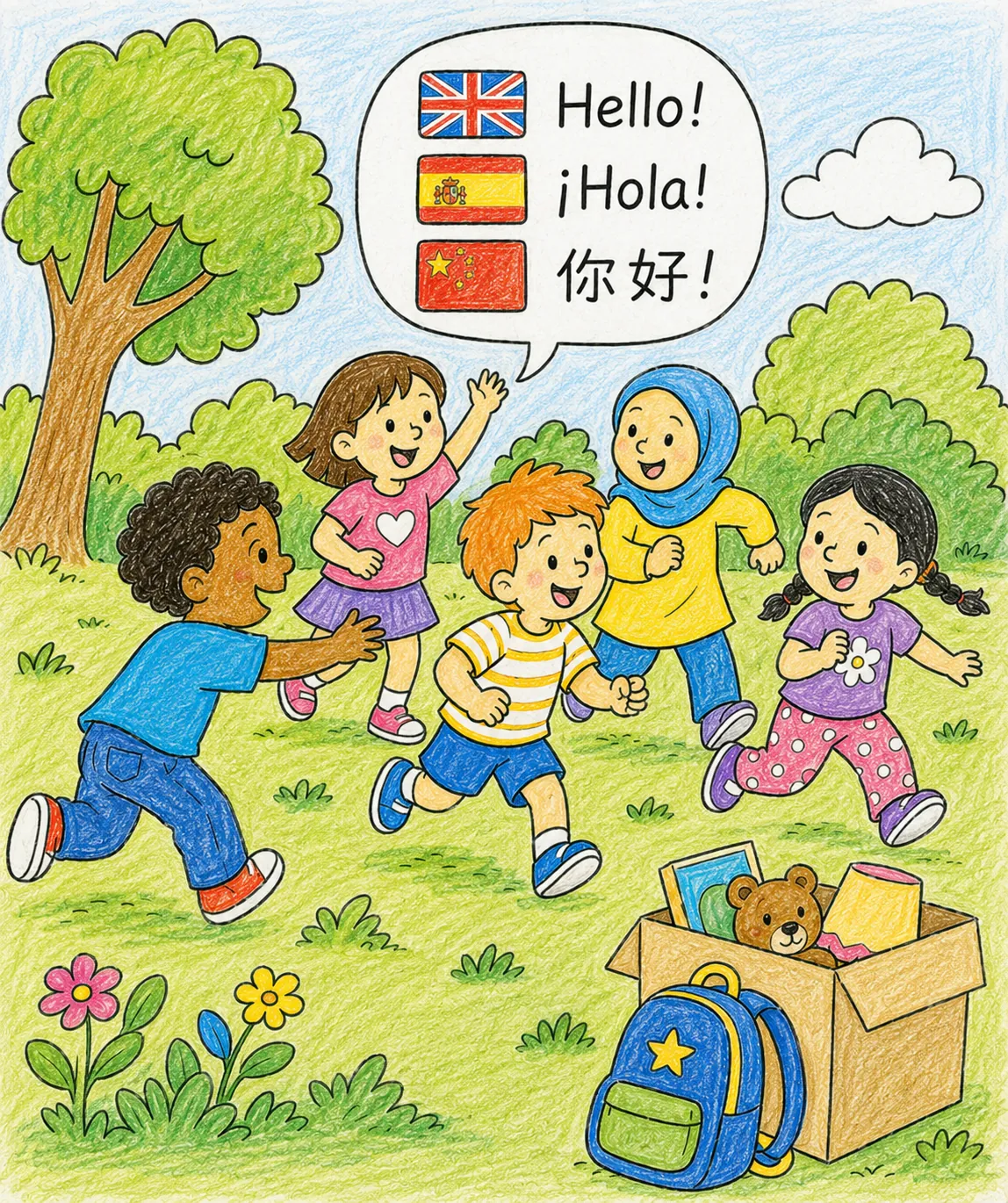 Kinder verschiedener Herkunft spielen lachend zusammen Fangen trotz Sprachbarriere