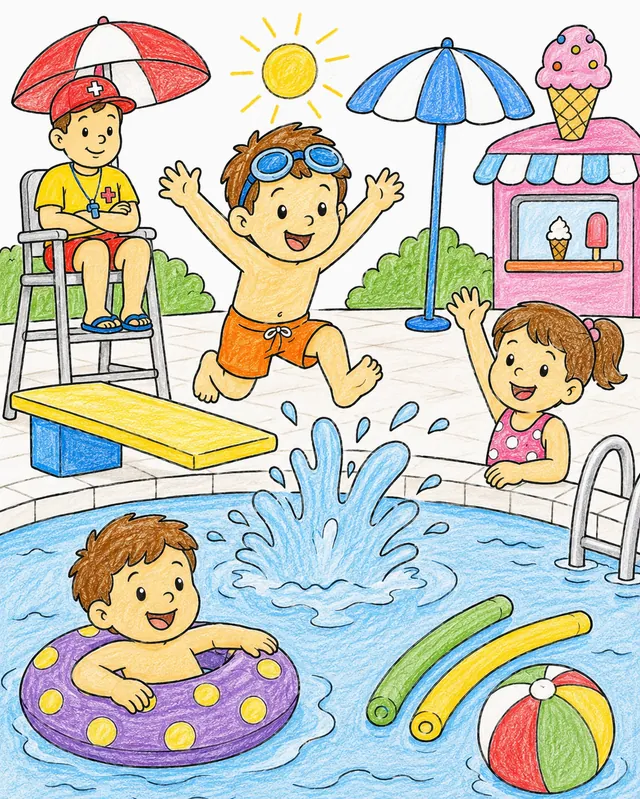 Kinder plantschen im Freibad, eines springt vom Sprungbrett mit Wasserspritzer, Bademeister beobachtet