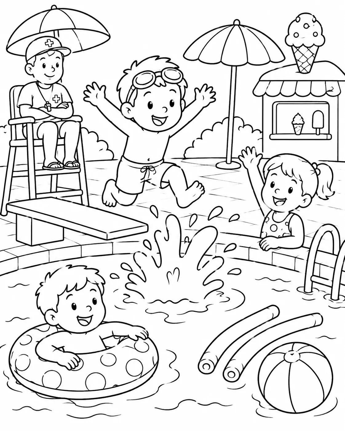 孩子们在露天游泳池玩水，一个从跳水板跳下有水花，救生员在观察