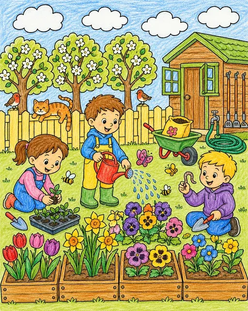 Drei Kinder arbeiten in einem Frühlingsgarten mit Tulpen und blühenden Apfelbäumen