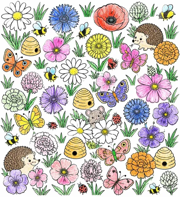 Frühlingswiese von oben mit zwanzig Wildblumen in acht Arten und Hummeln