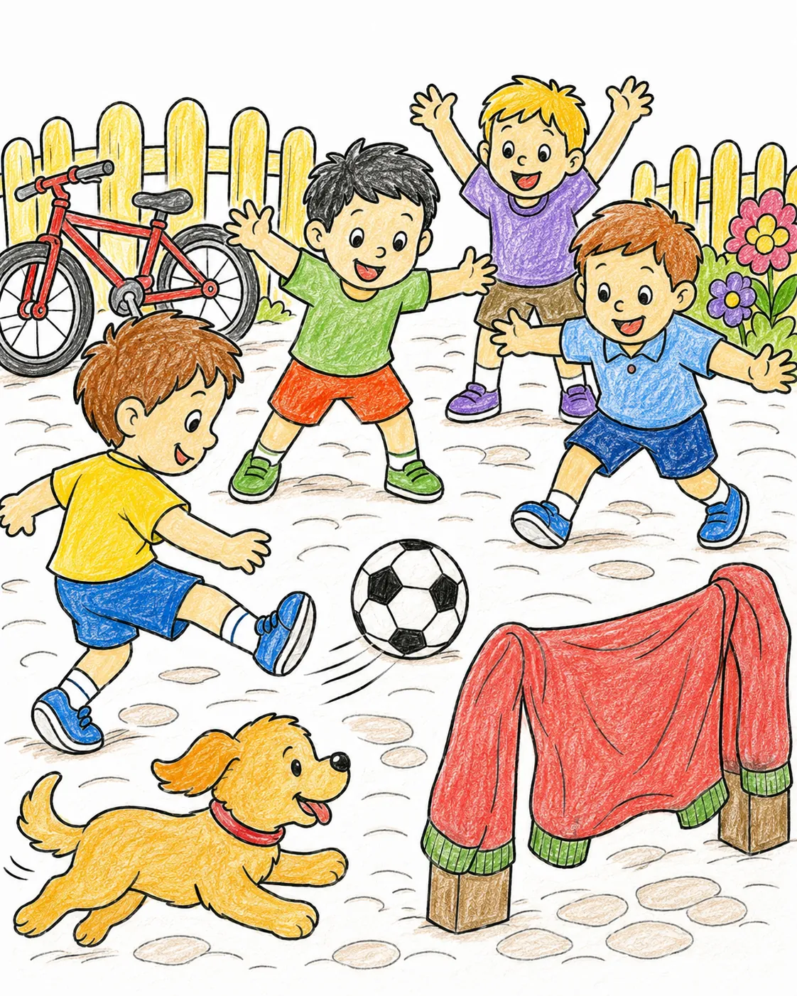 孩子们在下午快乐地在村广场踢足球