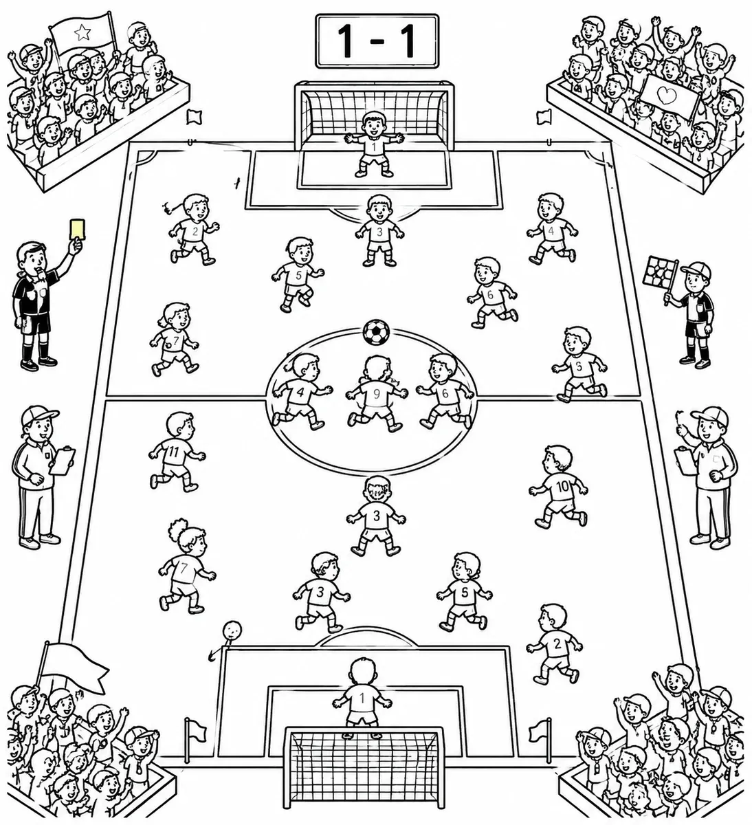 Fußball-Match von oben mit vierzehn Spielern in roten und blauen Trikots