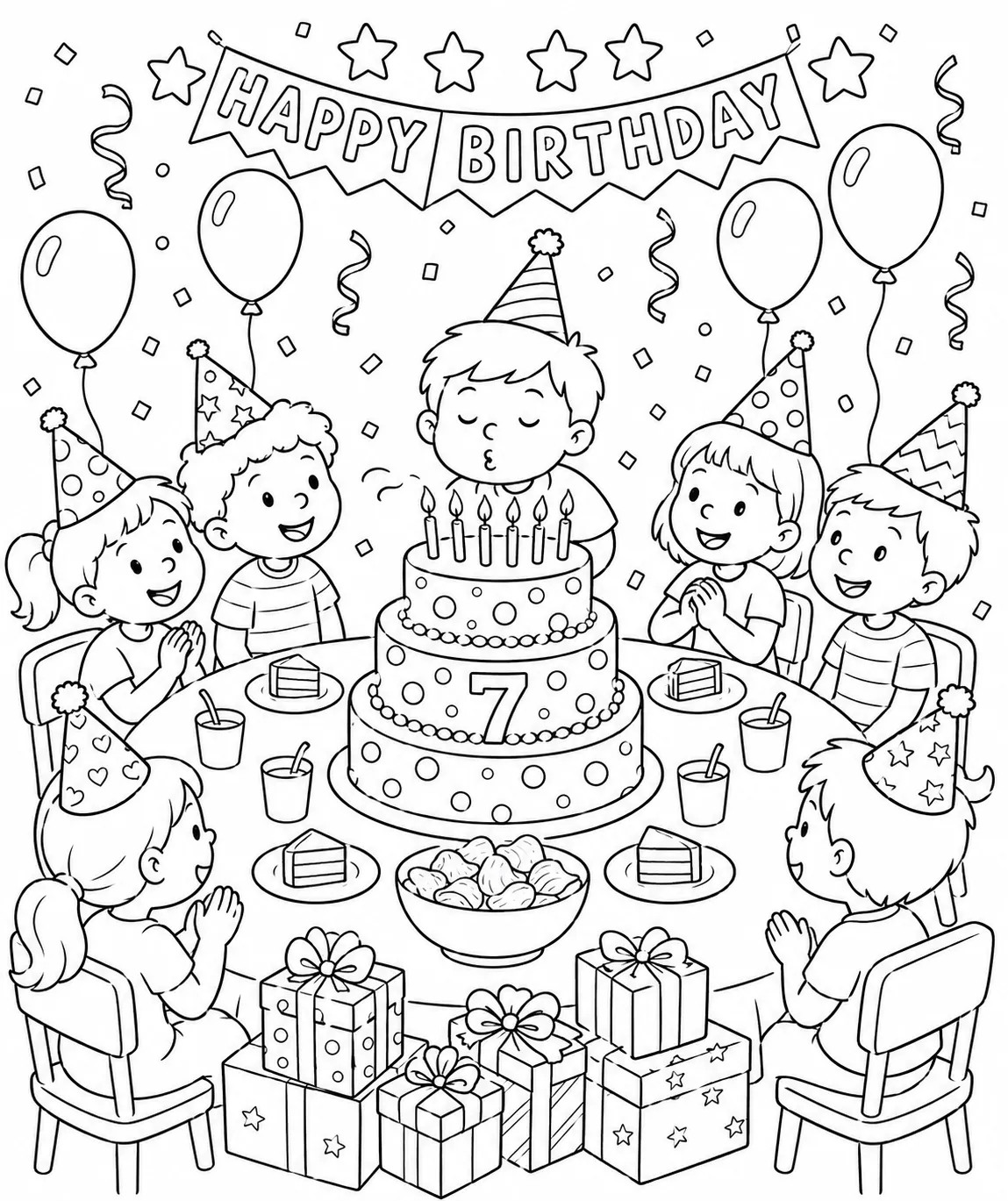生日派对：三层蛋糕与派对帽孩童
