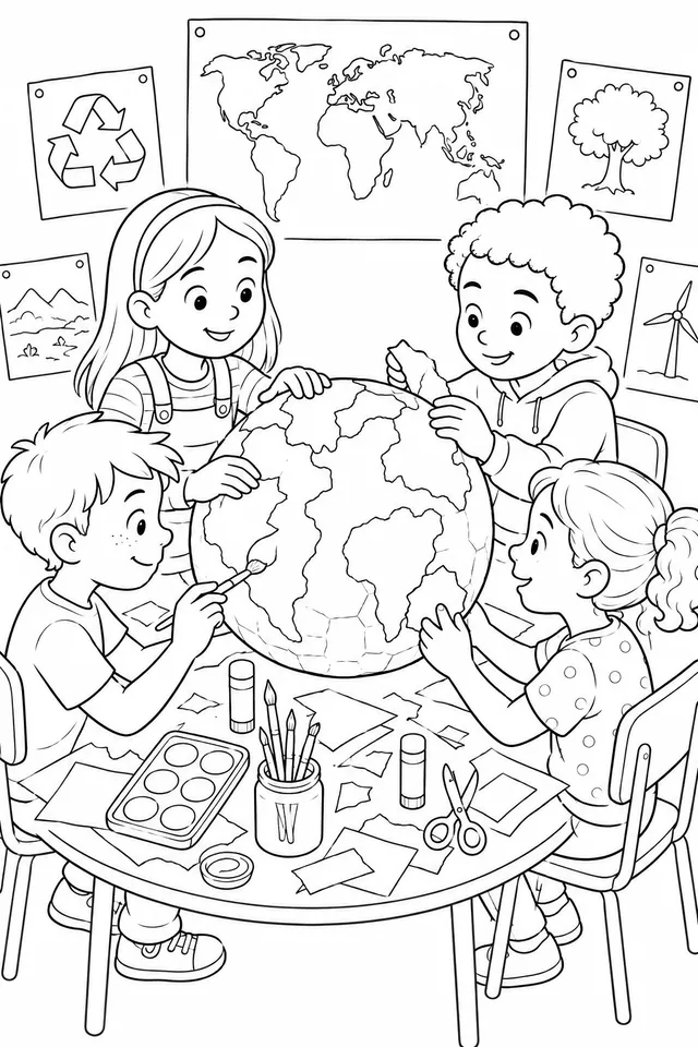 一组孩子在桌旁一起制作彩色的学校项目