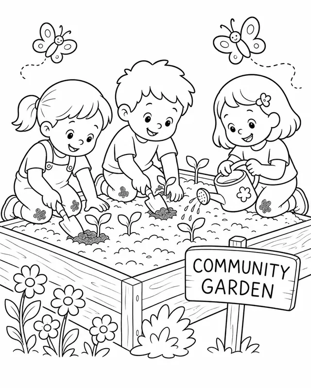 Kinder setzen gemeinsam bunte Pflanzen in einem Gemeinschaftsgarten ein
