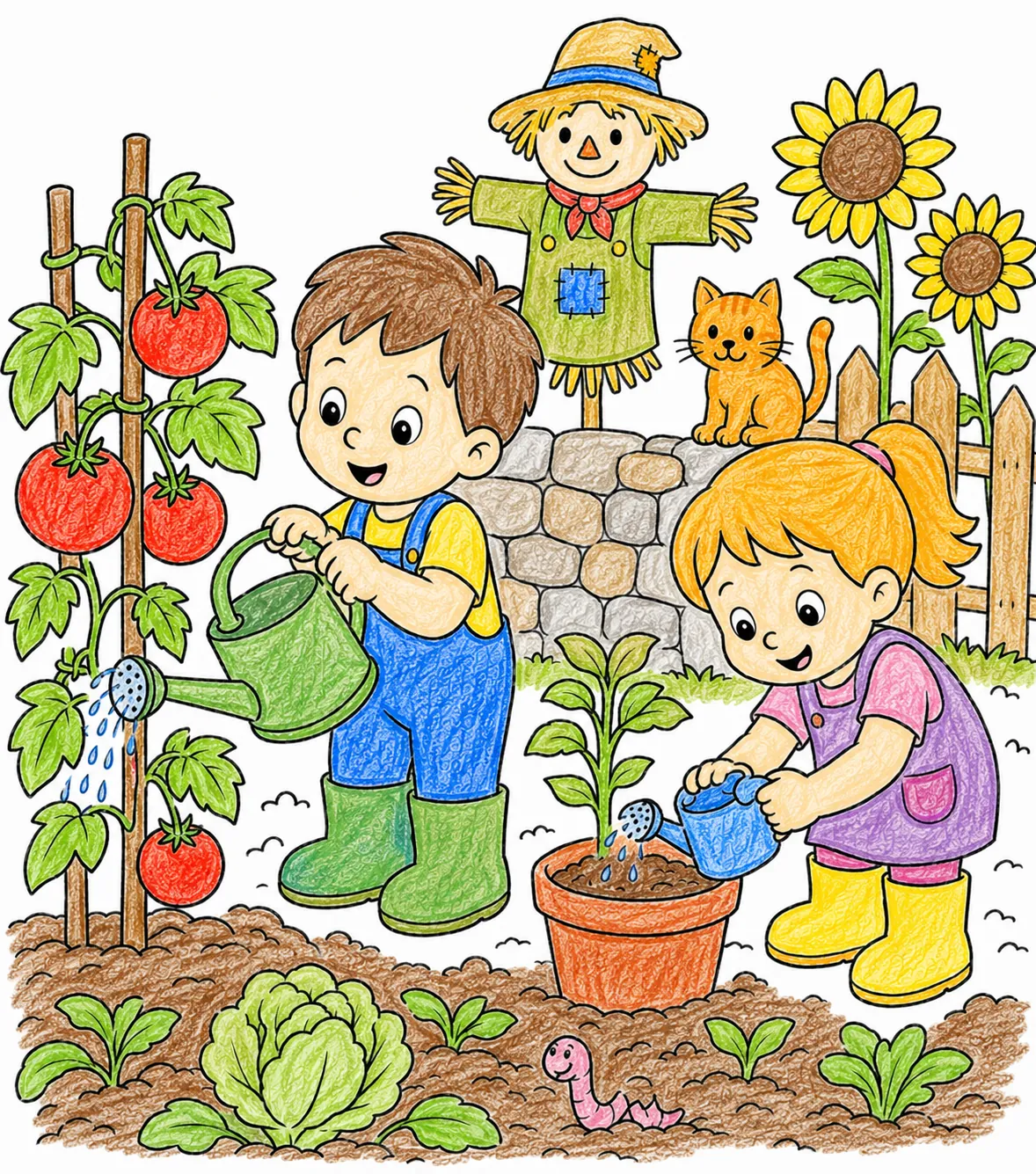 孩子们在菜园里一起用浇水壶浇西红柿植株