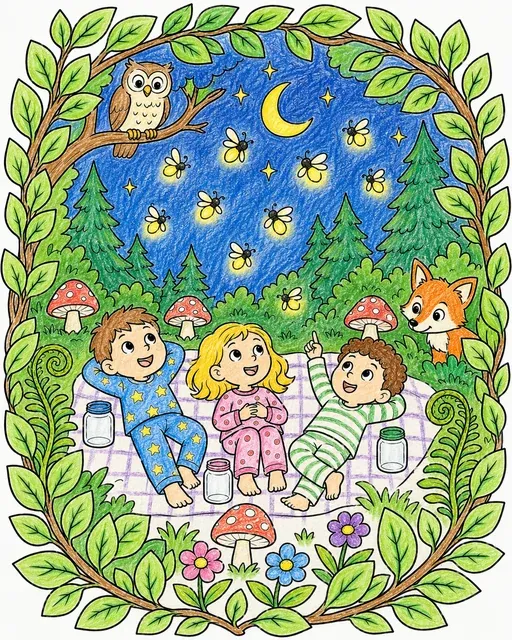 Glühwürmchen-Nacht mit zwölf leuchtenden Glühwürmchen und drei Kindern in Schlafanzügen auf einer Waldlichtung