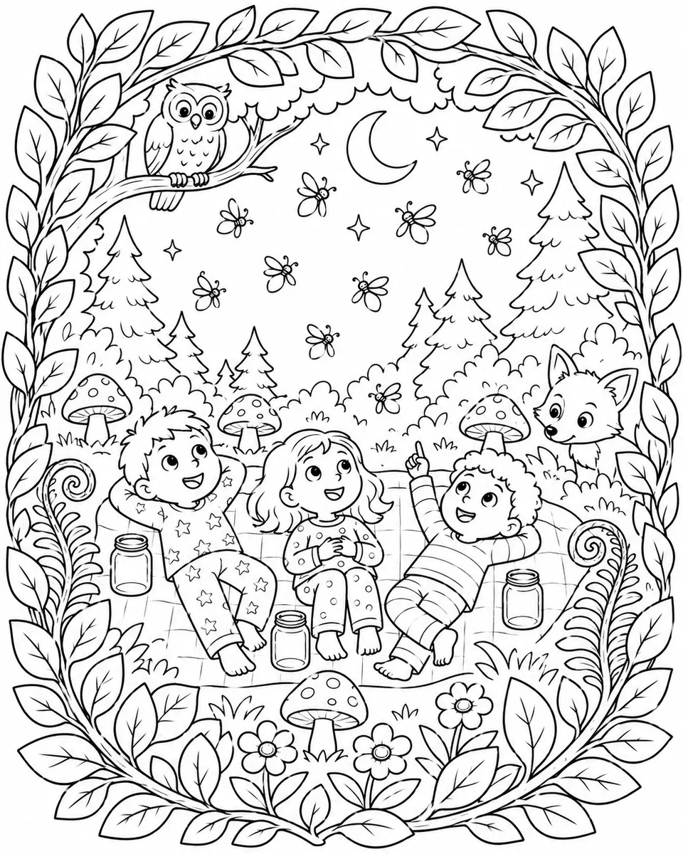 Glühwürmchen-Nacht mit zwölf leuchtenden Glühwürmchen und drei Kindern in Schlafanzügen auf einer Waldlichtung