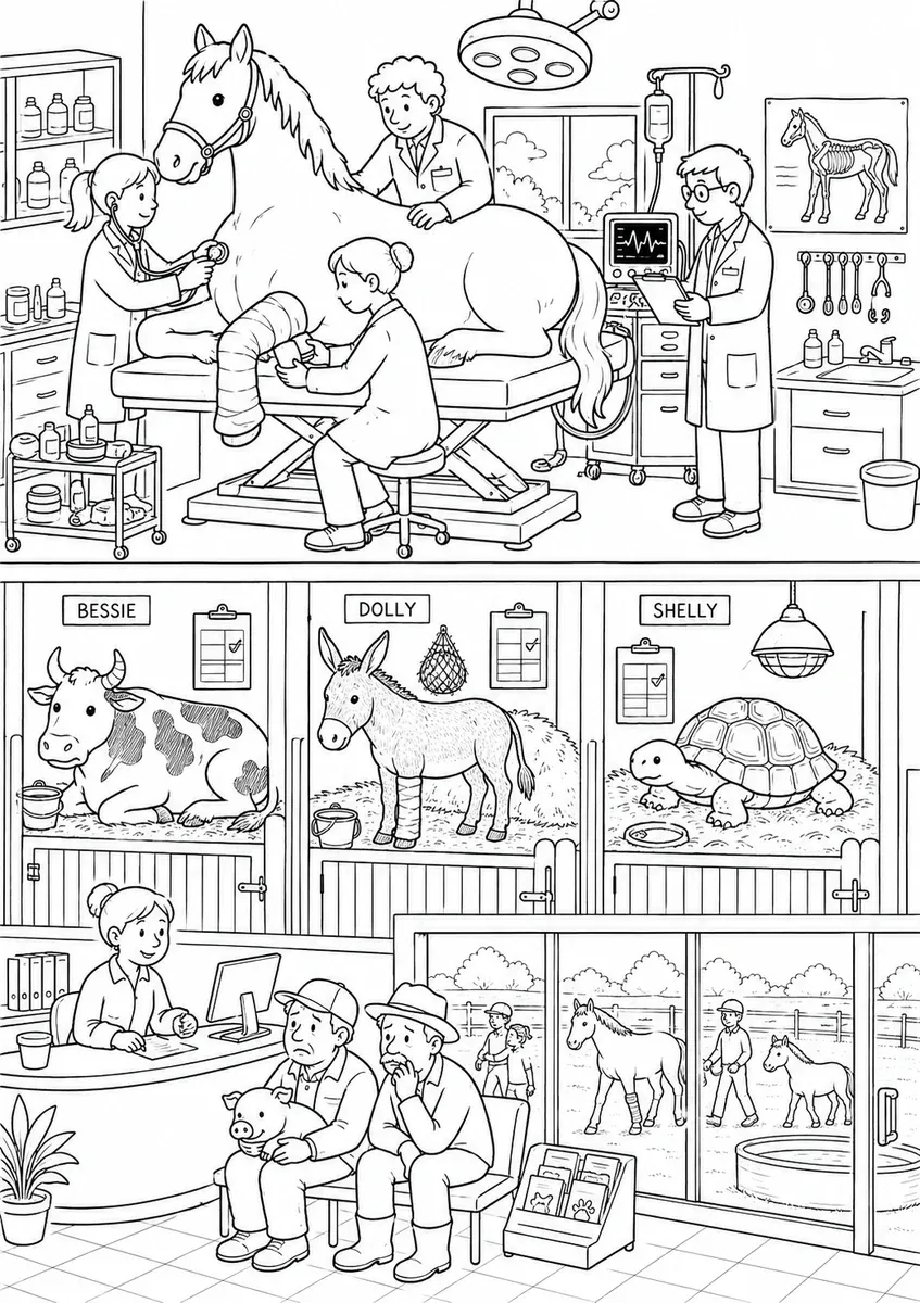 Großtierklinik im Querschnitt mit Pferd auf dem Tisch und Genesungsboxen