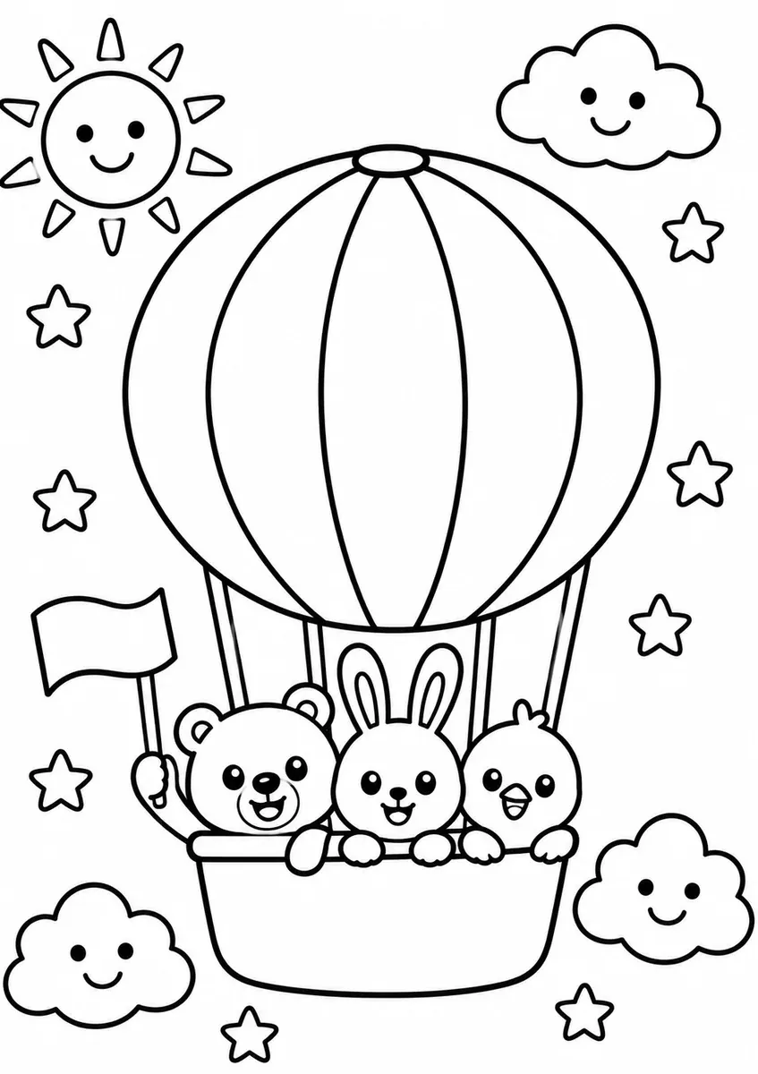 Bunter Heißluftballon mit Bär, Hase und Vogel die aus dem Korb schauen