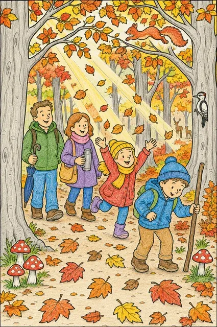 Family on autumn walk in golden beech forest with children and a red squirrel