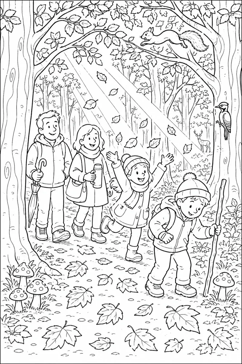 Familie beim Herbstspaziergang im goldenen Buchenwald mit Kindern und einem roten Eichhörnchen