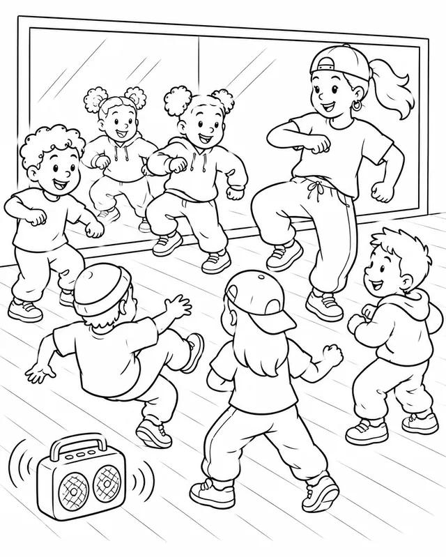 Kinder tanzen ausgelassen Hip-Hop gemeinsam im Tanzstudio vor dem großen Spiegel