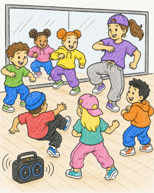 Diverse Kinder tanzen Hip-Hop in Tanzstudio vor großem Spiegel mit junger Tanzlehrerin