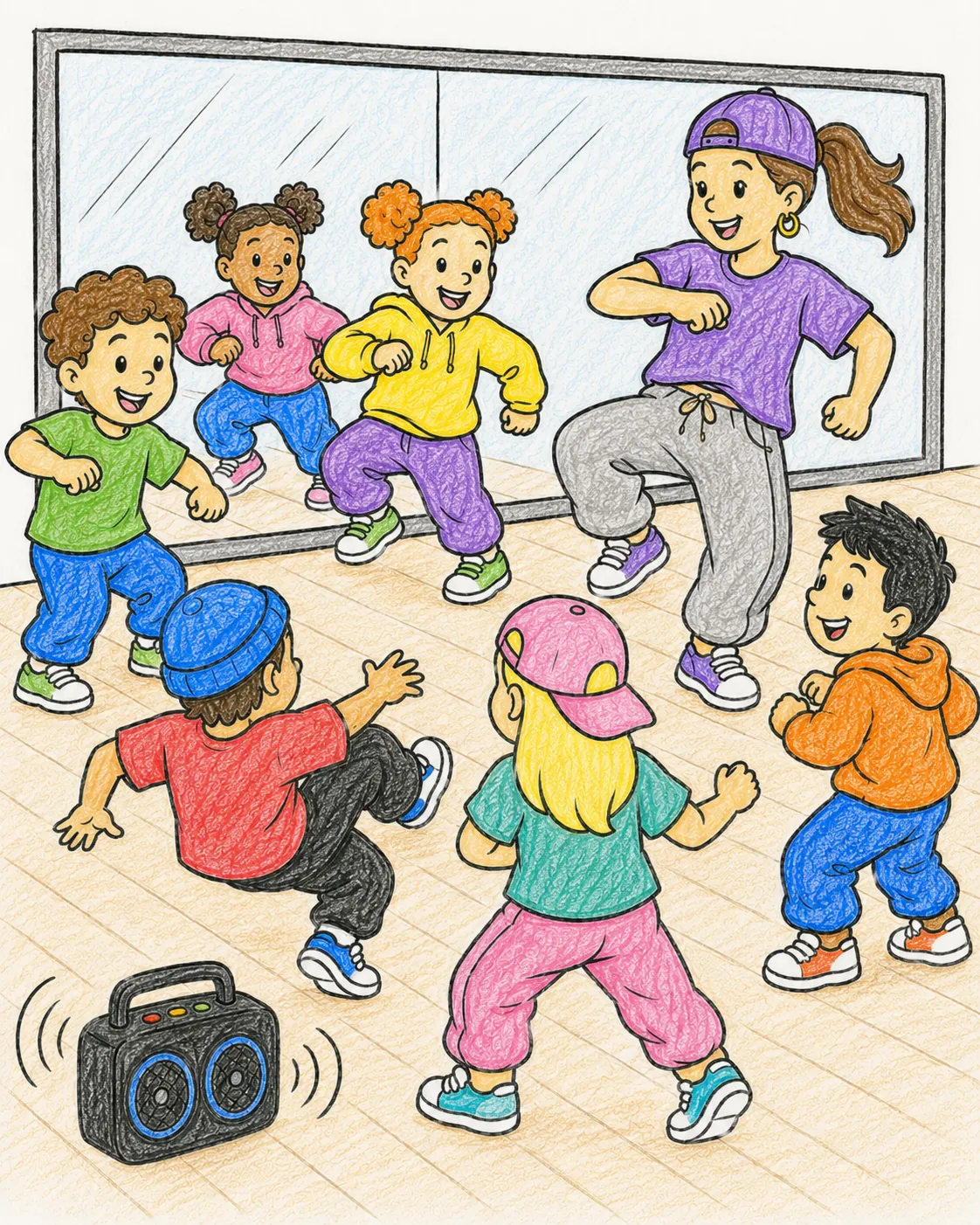 Kinder tanzen ausgelassen Hip-Hop gemeinsam im Tanzstudio vor dem großen Spiegel