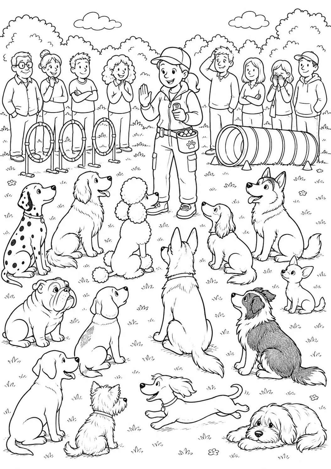 Hundetrainerin mit zwölf verschiedenen Hunden im Halbkreis, sechs sitzen artig und einer springt