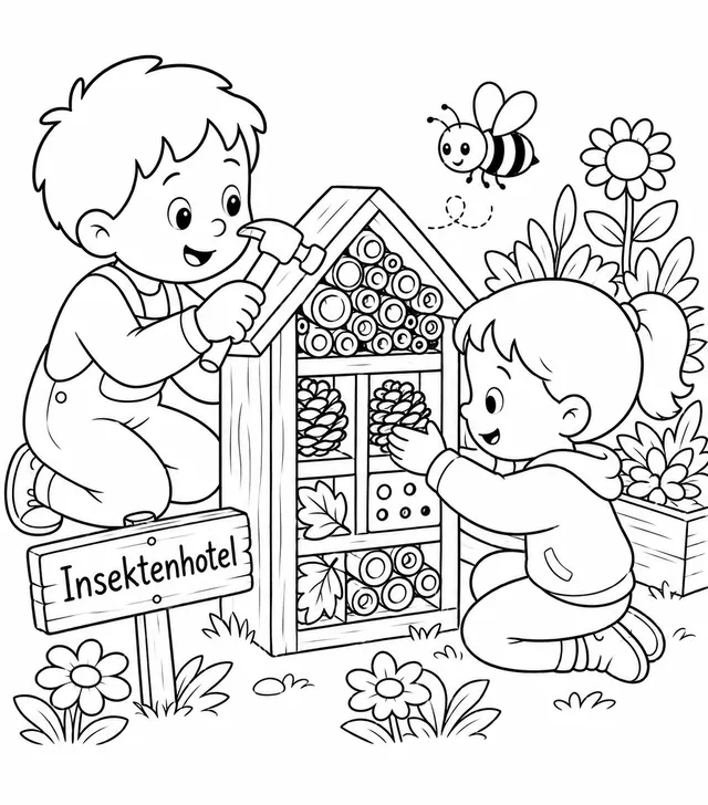 Kinder bauen aus Ästen, Zapfen und Bambus gemeinsam ein Insektenhotel für den Garten