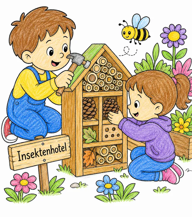 Kinder bauen gemeinsam Insektenhotel aus Holz, Zapfen und Bambusröhren, Biene schaut es sich an