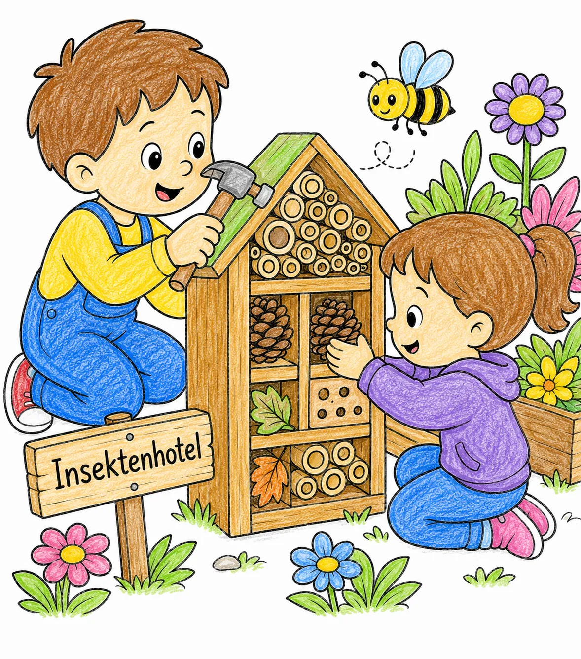 Kinder bauen aus Ästen, Zapfen und Bambus gemeinsam ein Insektenhotel für den Garten