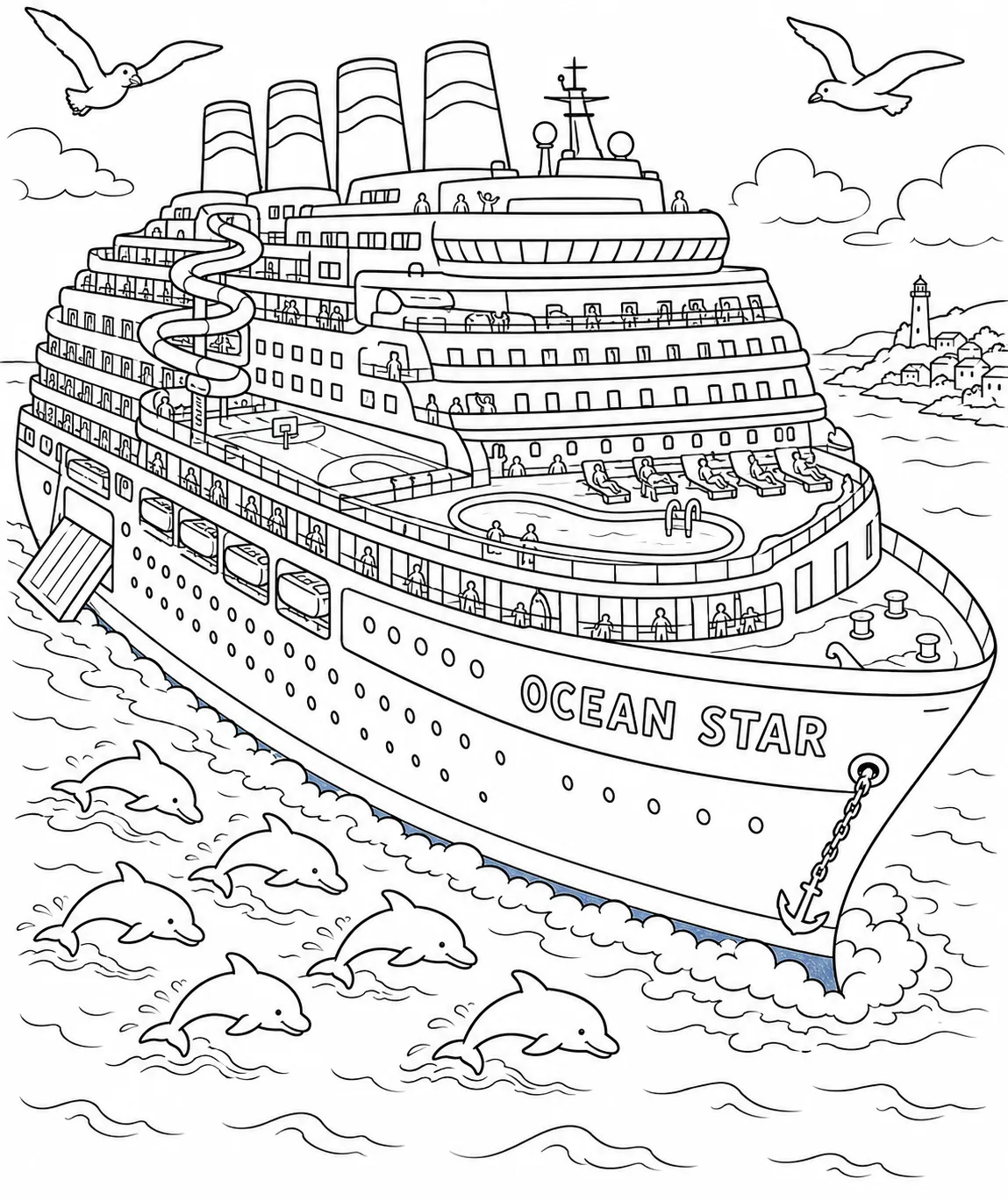 Kreuzfahrtschiff mit zwölf Decks und sechs Delfinen
