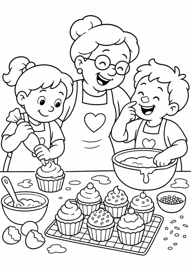 Children Baking Colorful Cakes Together with Grandma for the School Bazaar