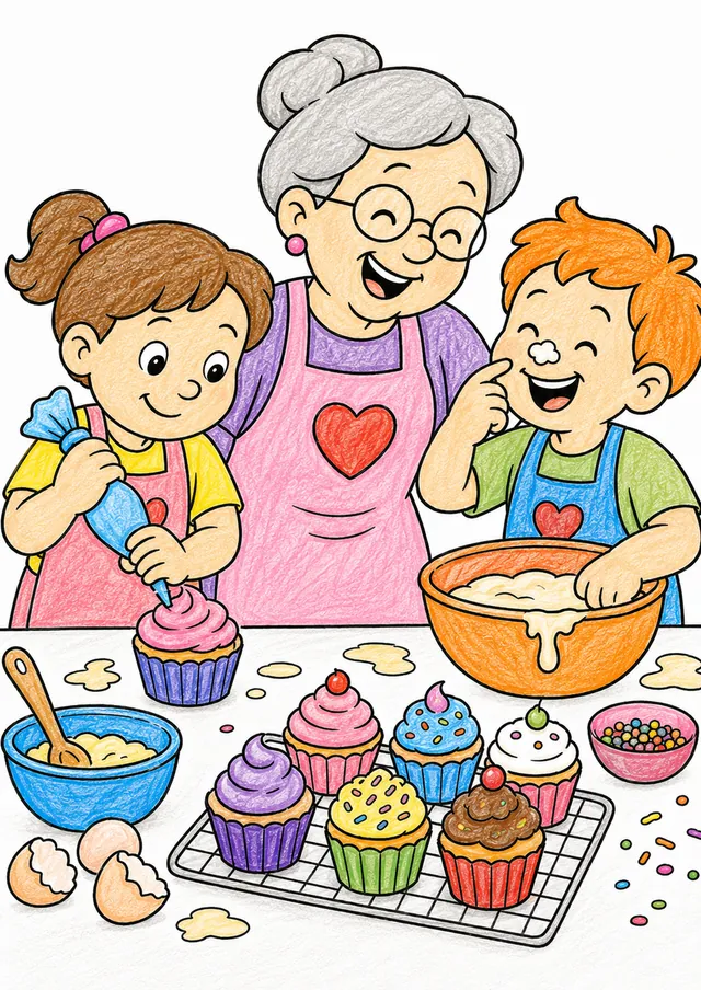 Children and grandma in aprons laughingly baking colourful cupcakes for the school bazaar