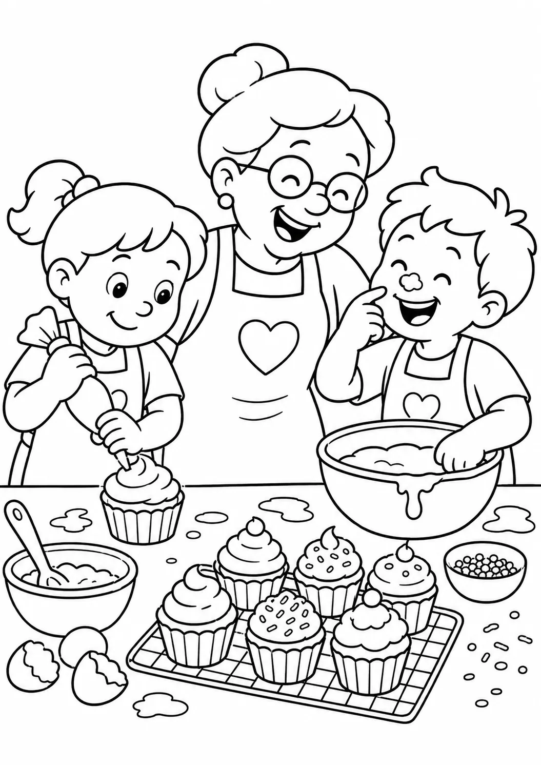 Kinder und Oma in Schürzen backen lachend bunte Muffins für den Schulbasar
