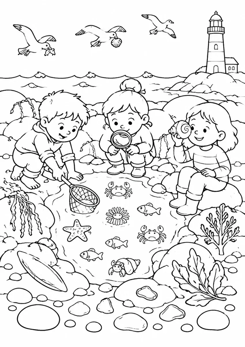 Drei Kinder erkunden Gezeitentümpel am Felsenstrand mit Muscheln und Meerestieren