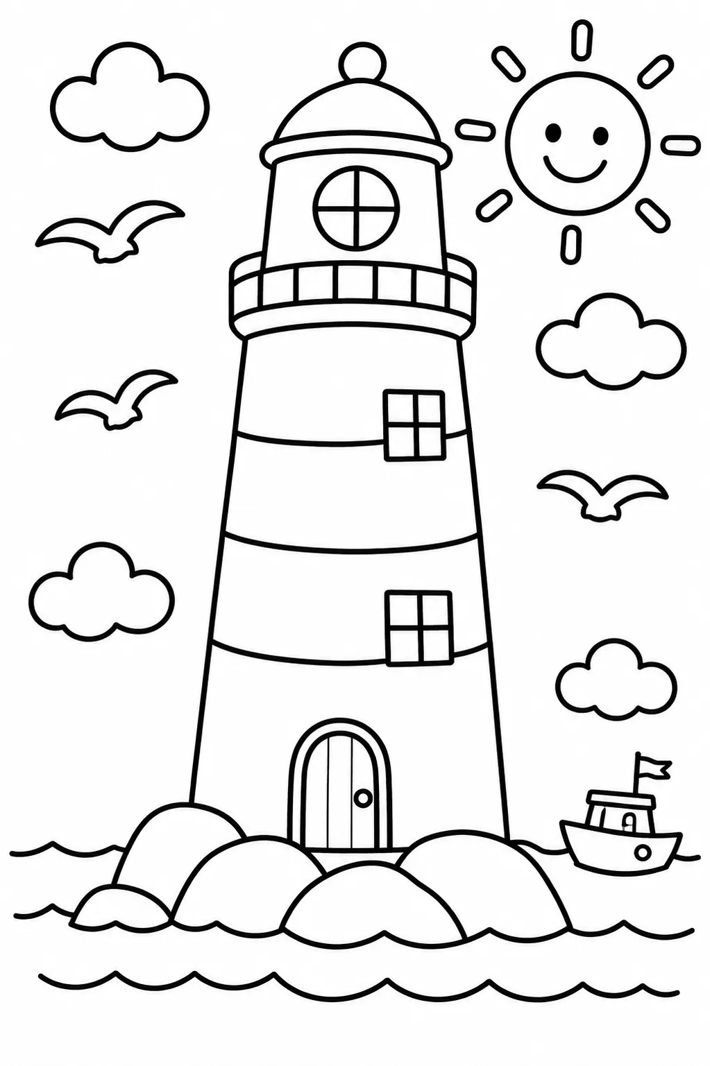 Bunter Leuchtturm mit vier abwechselnden Farbstreifen am Meer