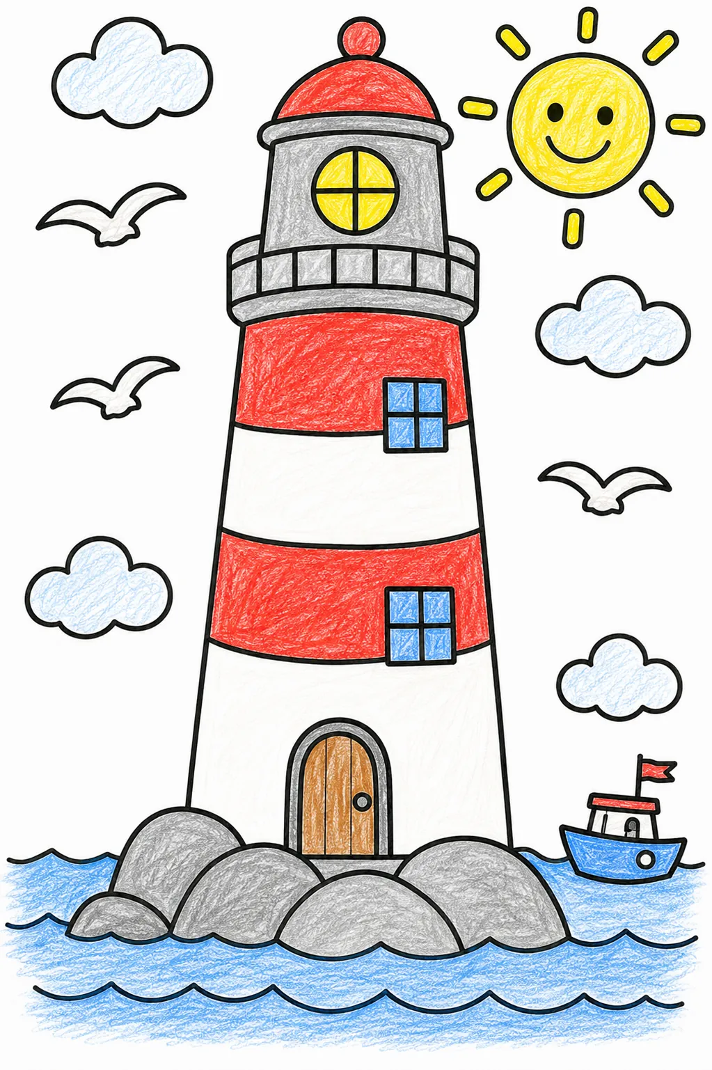 Der bunte Leuchtturm am Meer