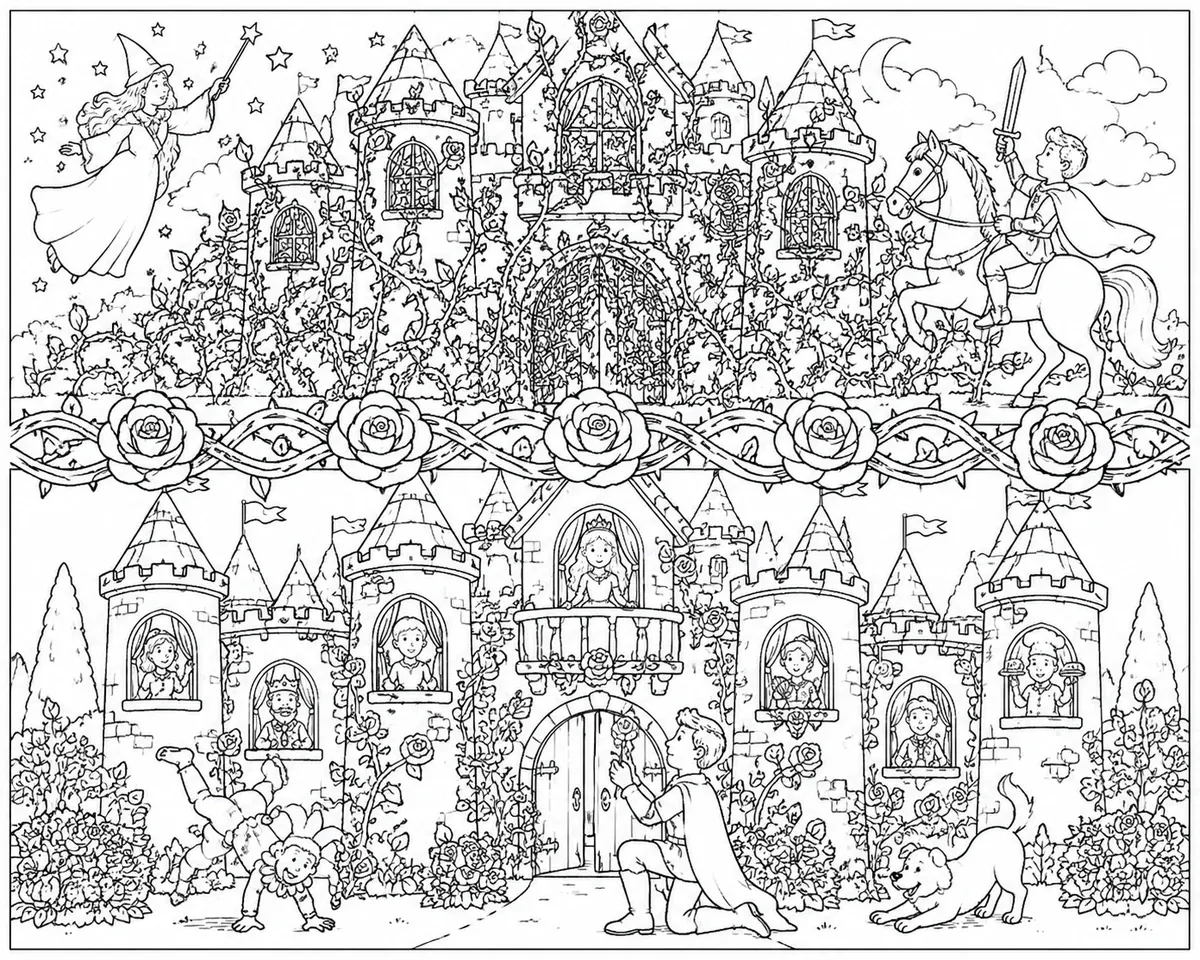 Dornröschen-Diptychon mit bezaubertem Rosenranken-Schloss oben und erwachtem Schloss mit Balkon-Szene unten