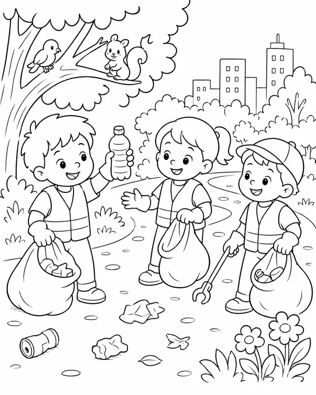 Kinder sammeln gemeinsam und fröhlich Müll im Stadtpark auf