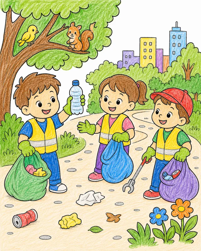 Kinder mit Weste und Handschuhen sammeln Müll im Stadtpark mit bunten Tüten