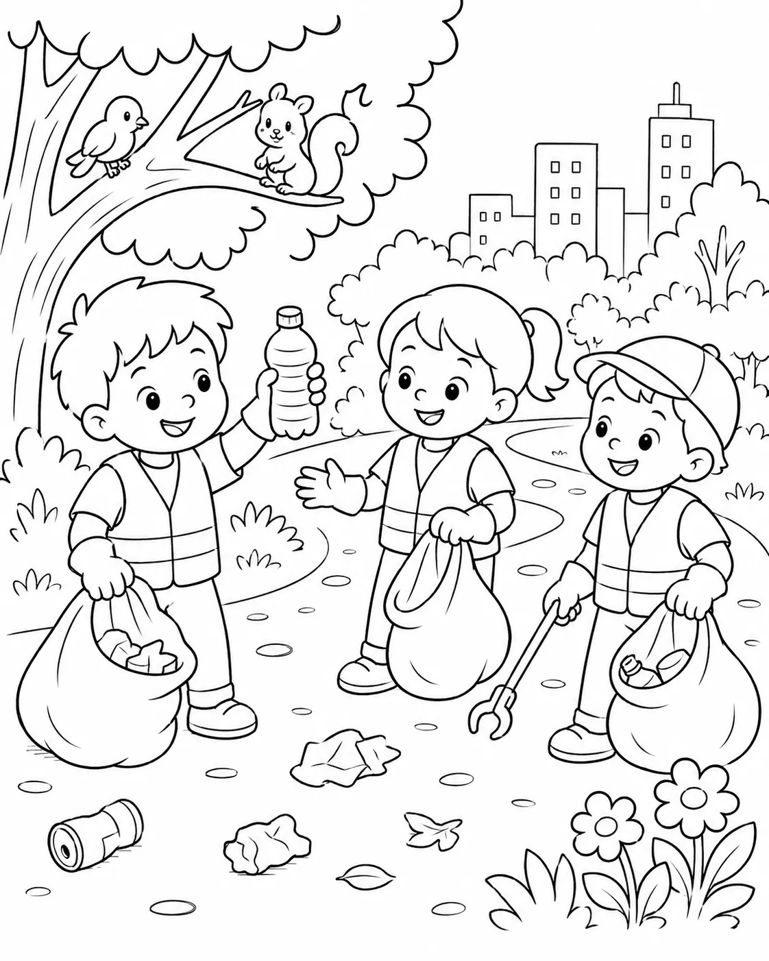 Kinder mit Weste und Handschuhen sammeln Müll im Stadtpark mit bunten Tüten