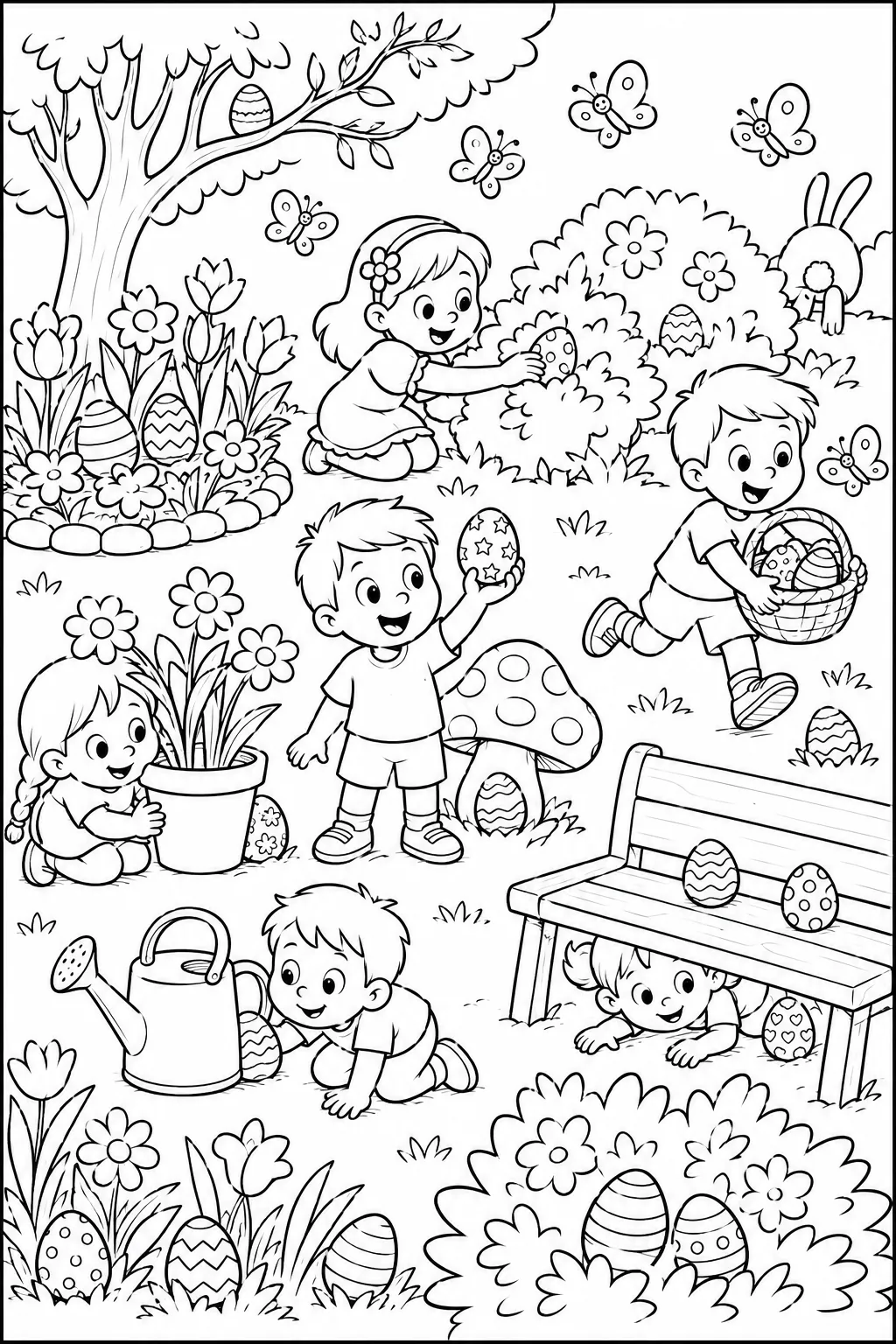 Sechs Kinder bei der Ostereiersuche im Frühlingsgarten
