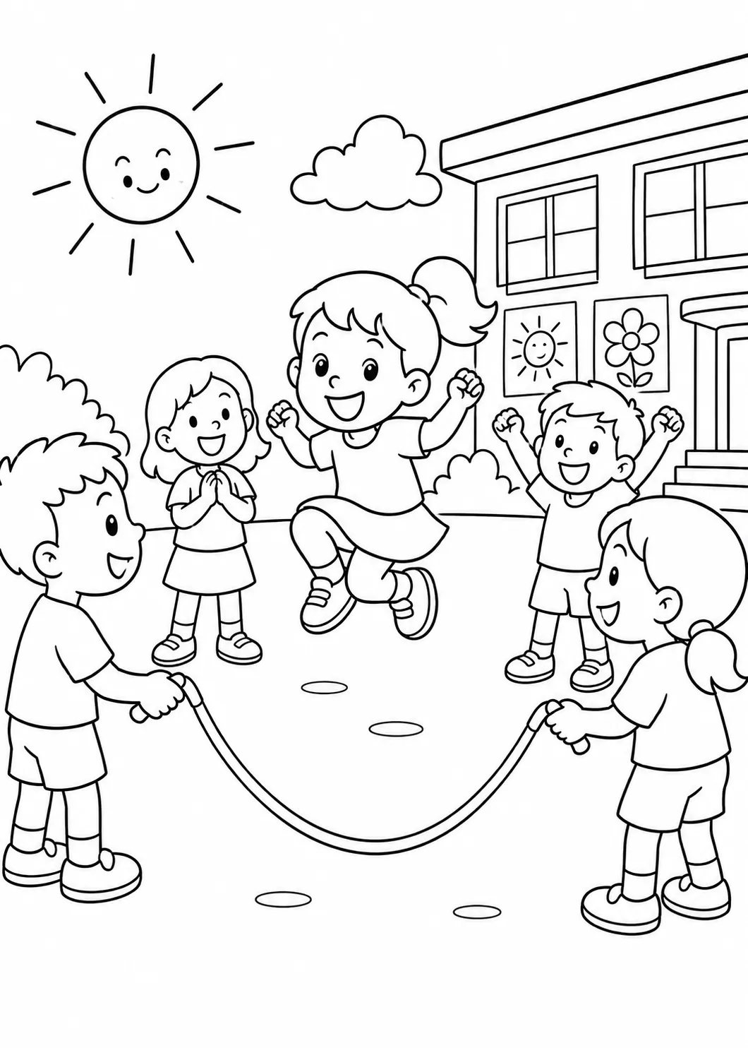 孩子们在阳光明媚的操场上跳绳，一个带着大笑容跳跃