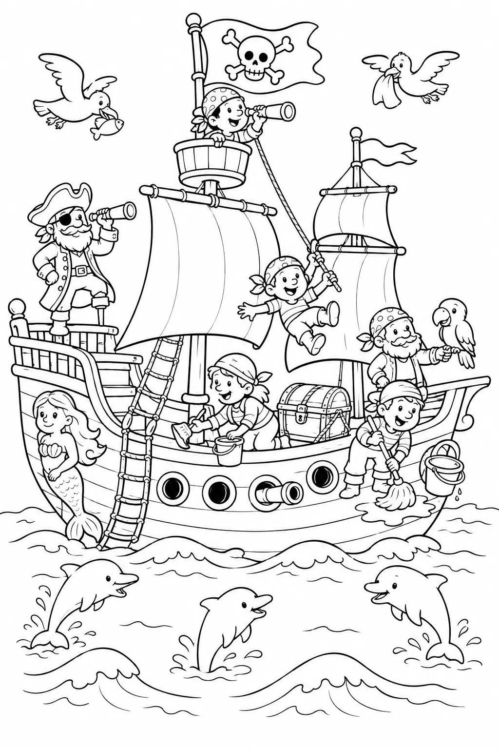 Piratenschiff mit Jolly-Roger-Flagge und sechs Piraten auf dem Deck, drei Delfine springen daneben