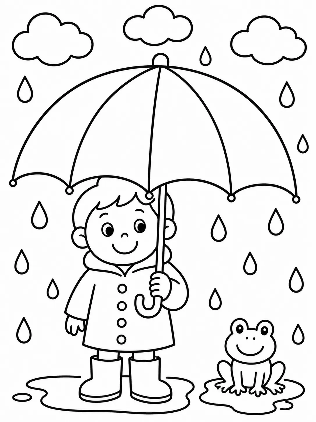 Small child holds a large colourful umbrella in the rain