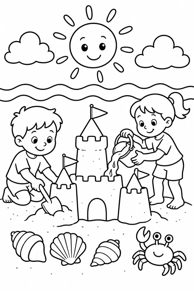 Kinder bauen eine Sandburg