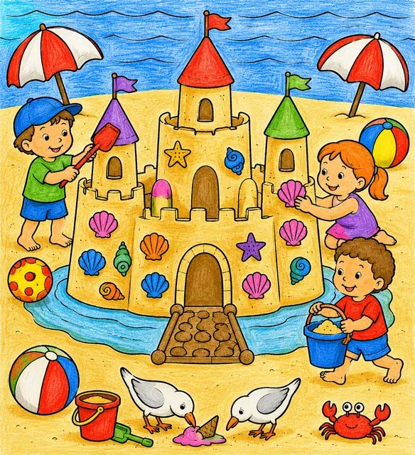 Prächtige Sandburg mit fünf Türmen und Zinnen an einem Strand, drei Kinder bauen und dekorieren