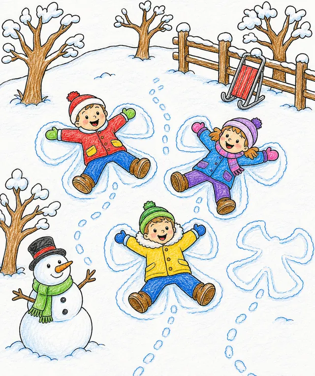 Drei Kinder machen Schneeengel in bunten Winterjacken