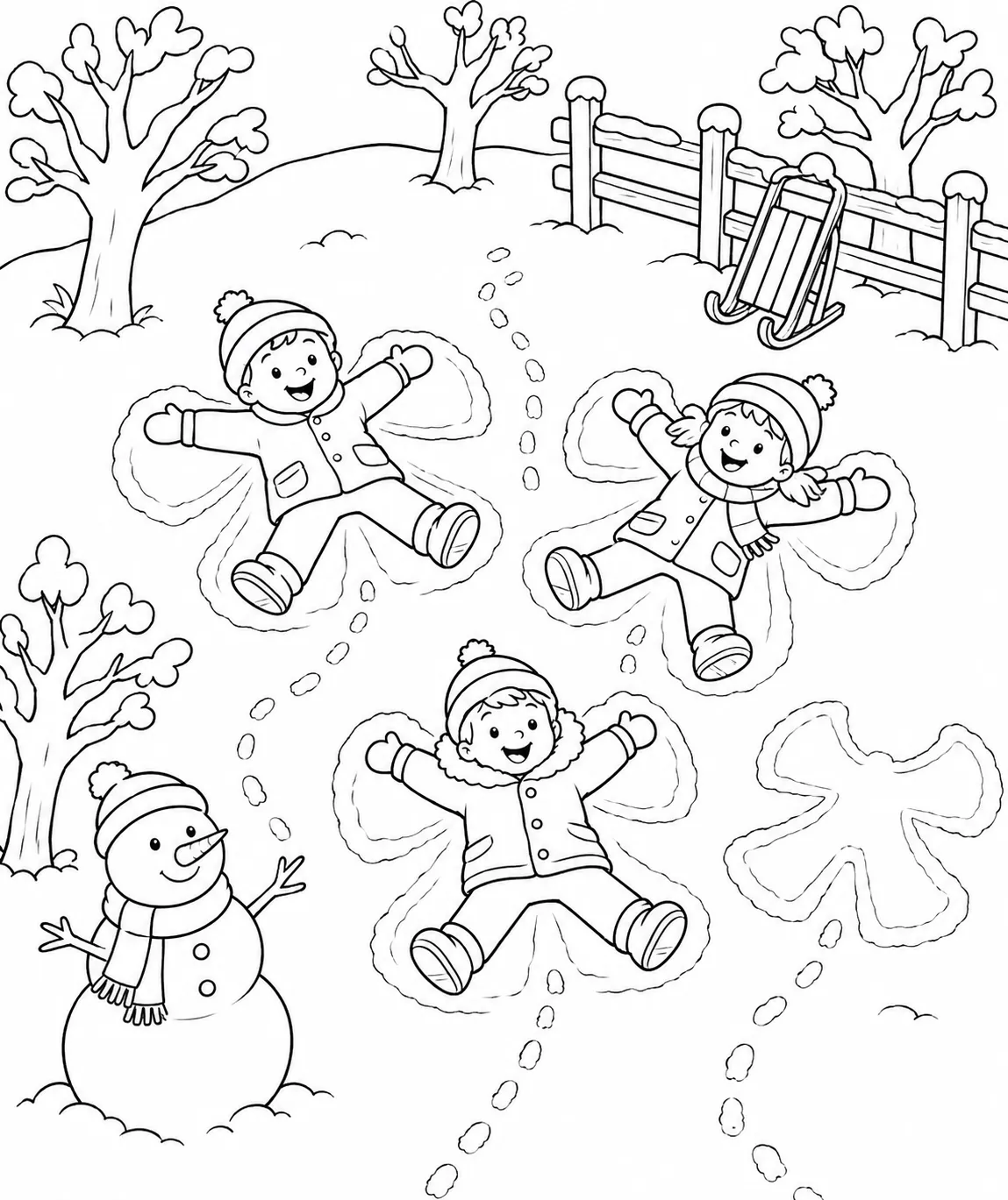 三孩童彩色冬装做雪天使
