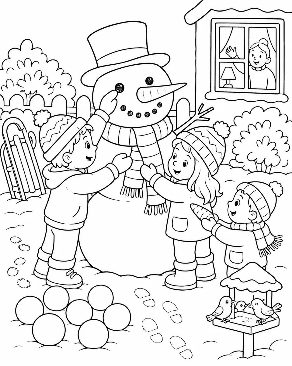 Drei Kinder bauen einen Schneemann mit Karotte, Kohle-Augen und Zylinder im Schnee