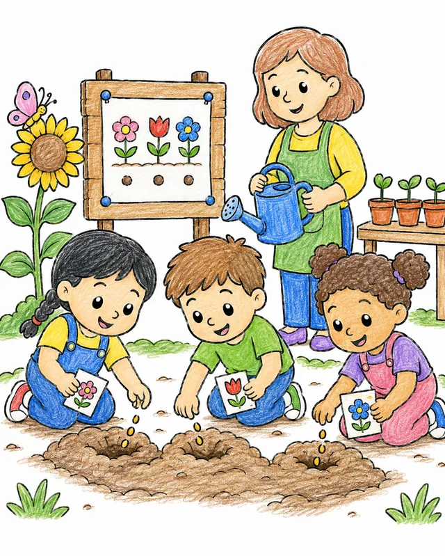 Kinder knien im Garten und pflanzen Blumensamen, Lehrerin mit Gießkanne, Schmetterling auf Sonnenblume