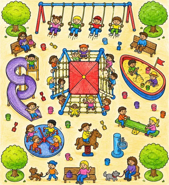 Vogelperspektive auf einen Spielplatz mit Kletterburg, Schaukeln, Spiralrutsche und Sandkasten