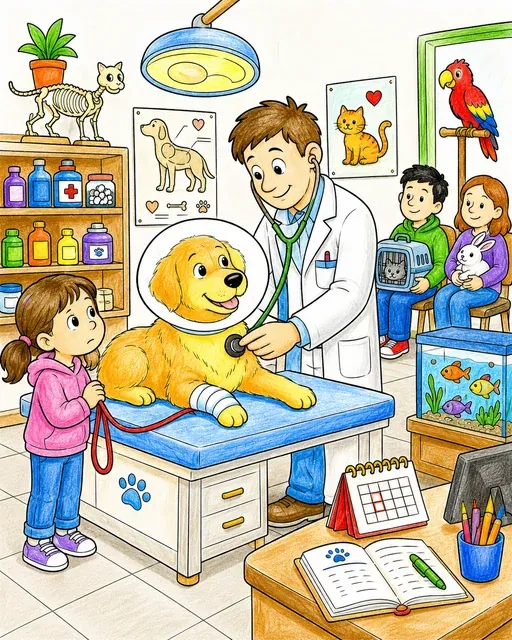 Vet examines golden retriever with cone collar on table, small girl watching