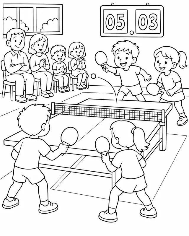 Zwei Kinder spielen fröhlich gemeinsam Tischtennis-Doppel gegen zwei Freunde