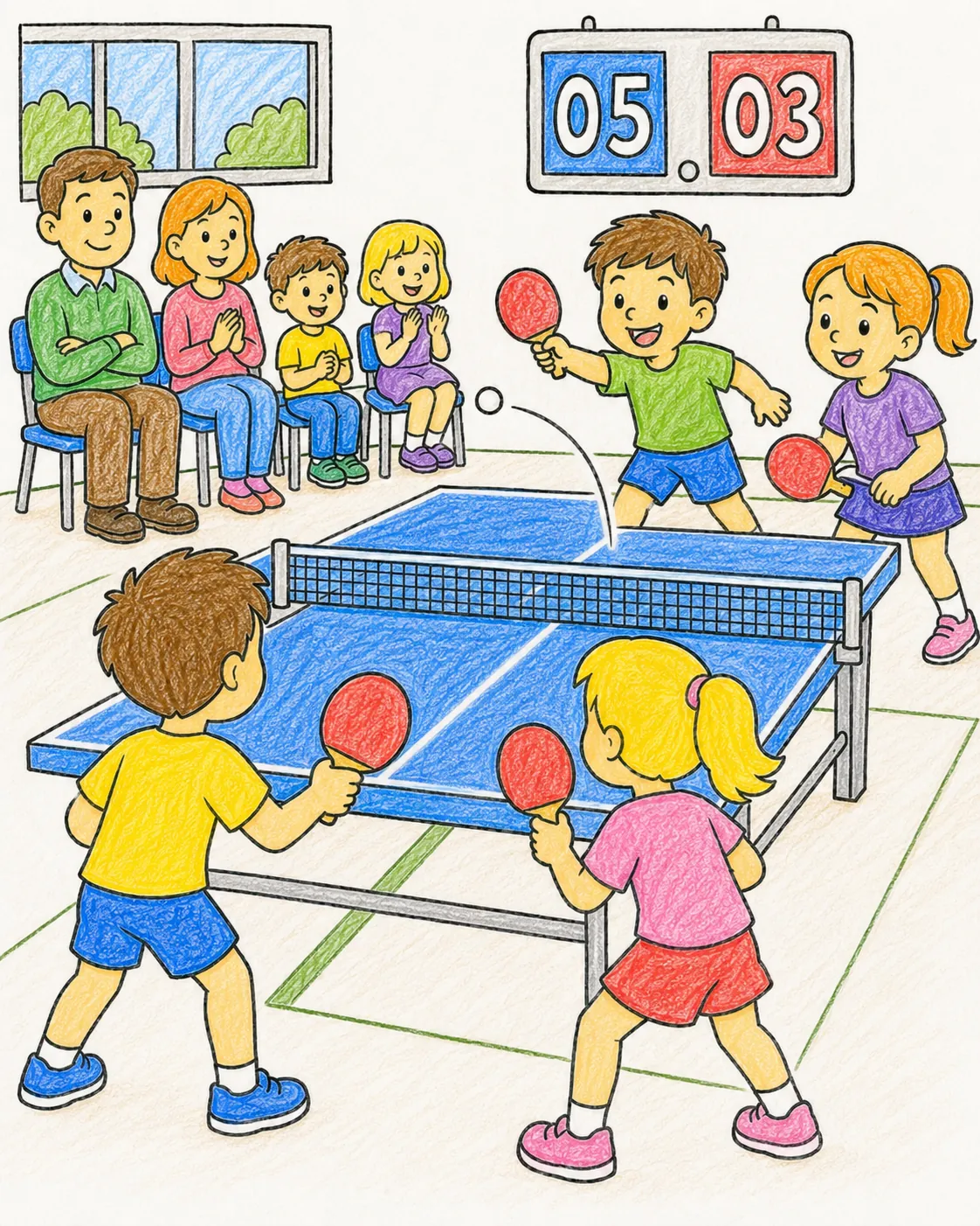 Zwei Kinder spielen fröhlich gemeinsam Tischtennis-Doppel gegen zwei Freunde